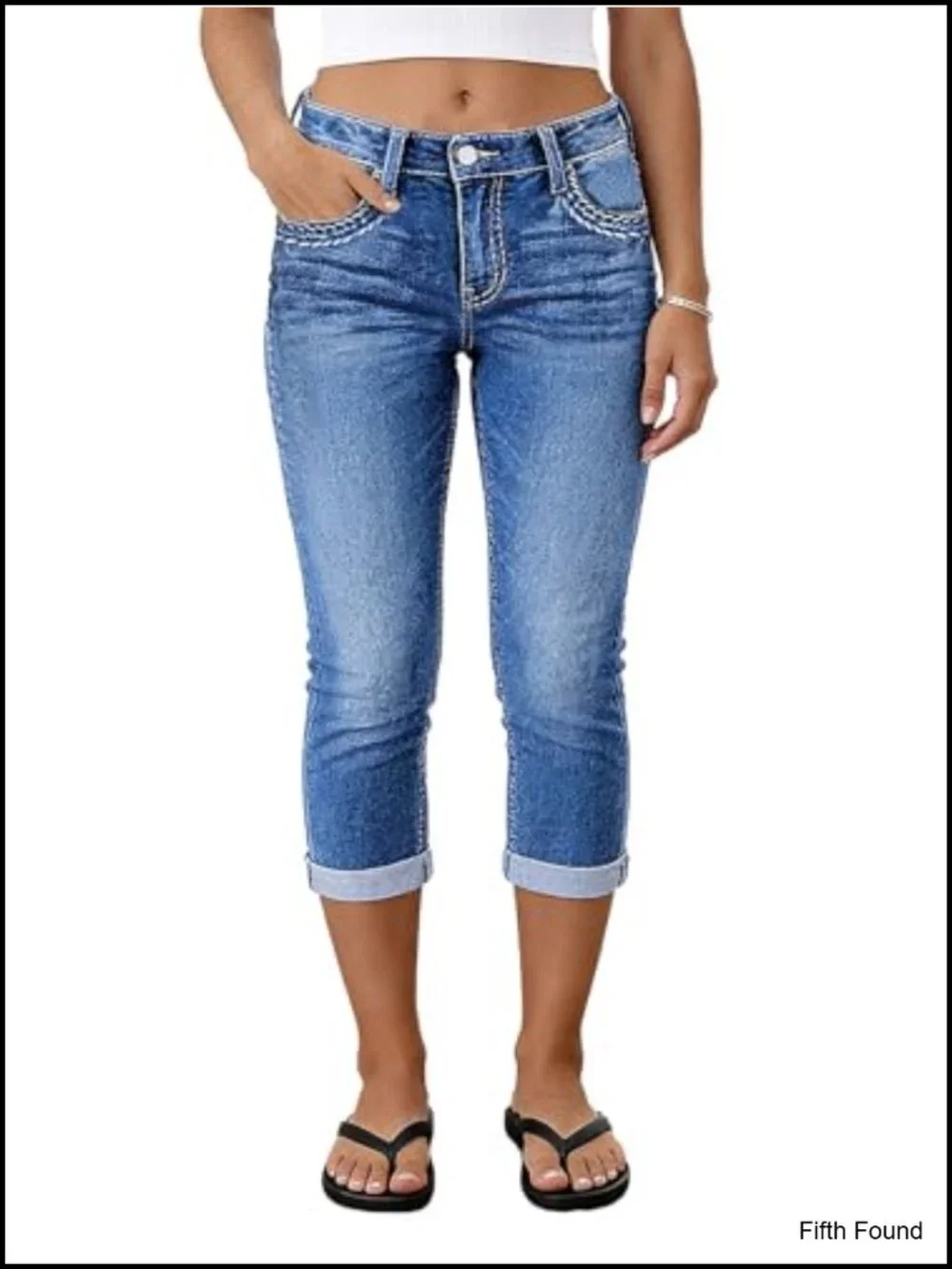 Mid Waist Skinny Capri Jeans with Embroidery Raw Hem